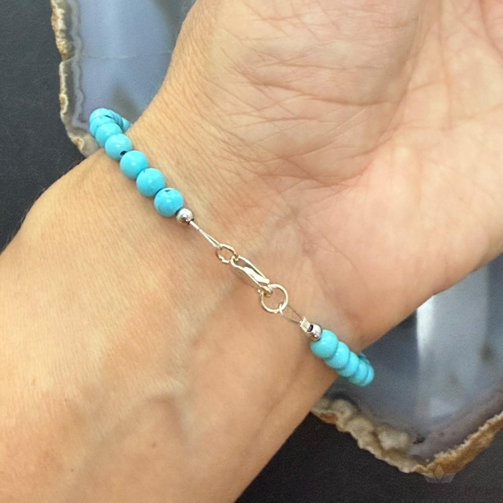 Sterling Silver 4mm Turquoise & Ridged Silver Beads 7.25" Bracelet For Women