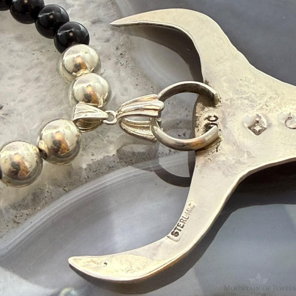 Frank Chavez Sterling Silver Native American Long Horn on Onyx 21" Necklace For Women