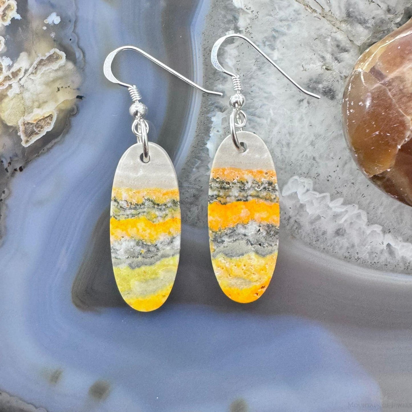 Sterling Silver Elongated Oval Bumblebee Jasper Slab Dangle Earrings For Women #229