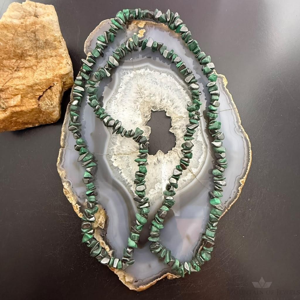 Vintage Natural Malachite & Hematite 34" Necklace For Women