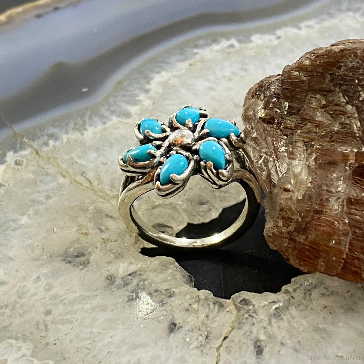 Carolyn Pollack Southwestern Style Sterling Sleeping Beauty Turquoise Flower Cluster Ring For Women