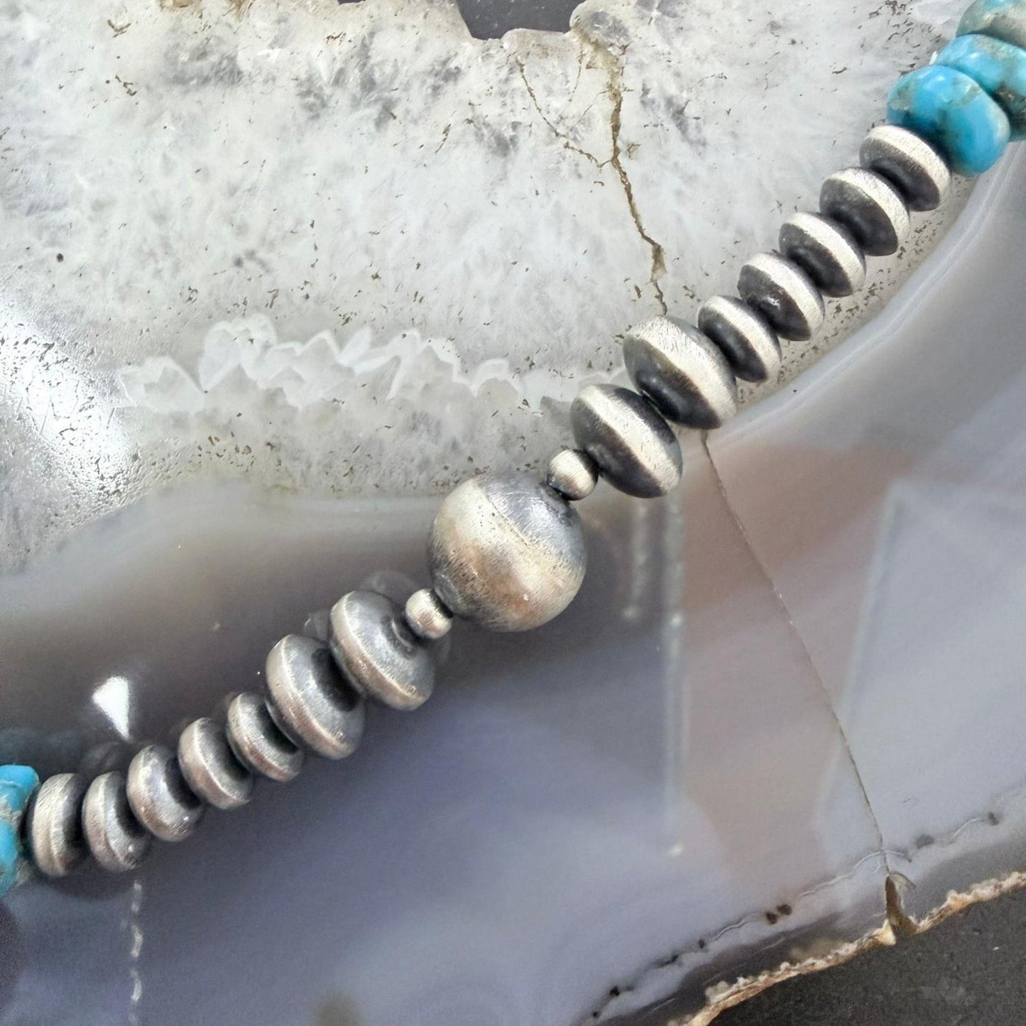 Sterling Silver Southwestern Style Blue Turquoise Beads & Starling Beads 18" Necklace For Women