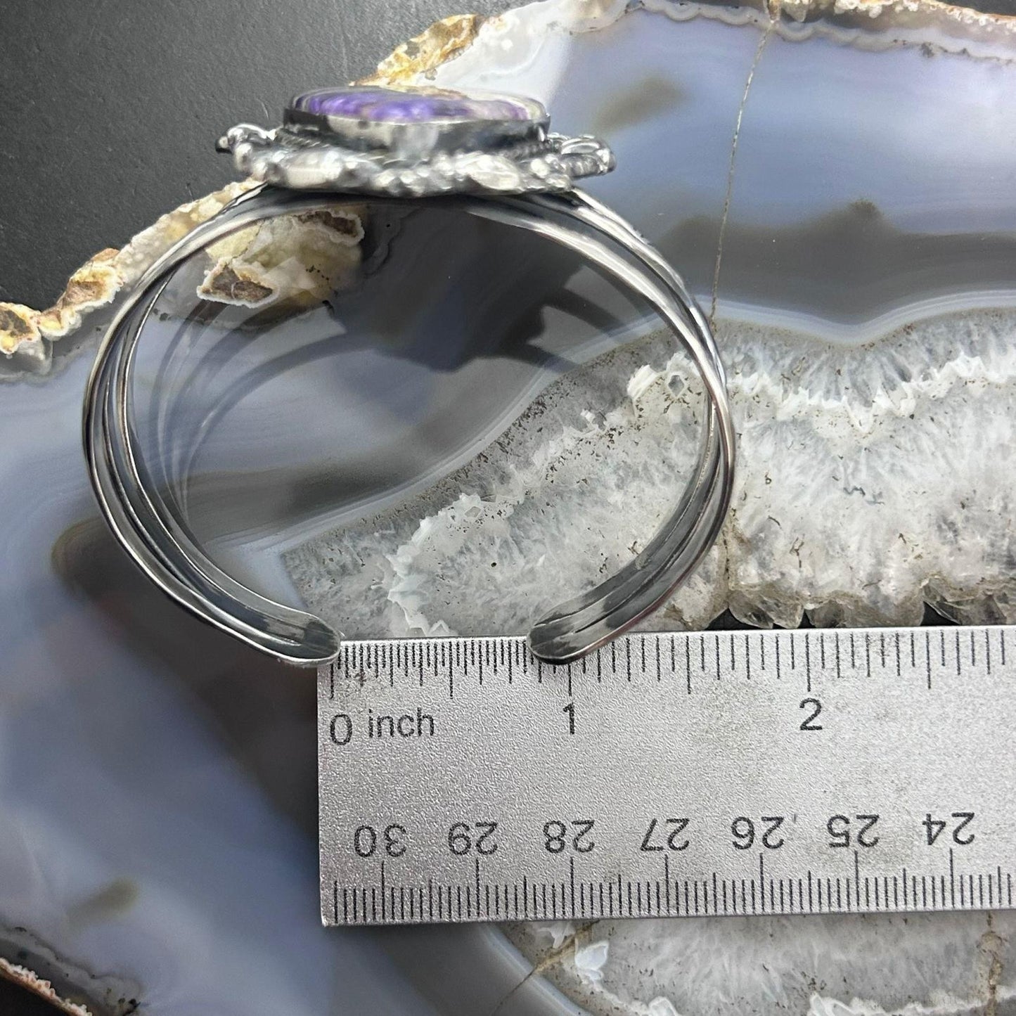 Sterling Silver Southwestern Style Large Teardrop Charoite Bracelet For Women