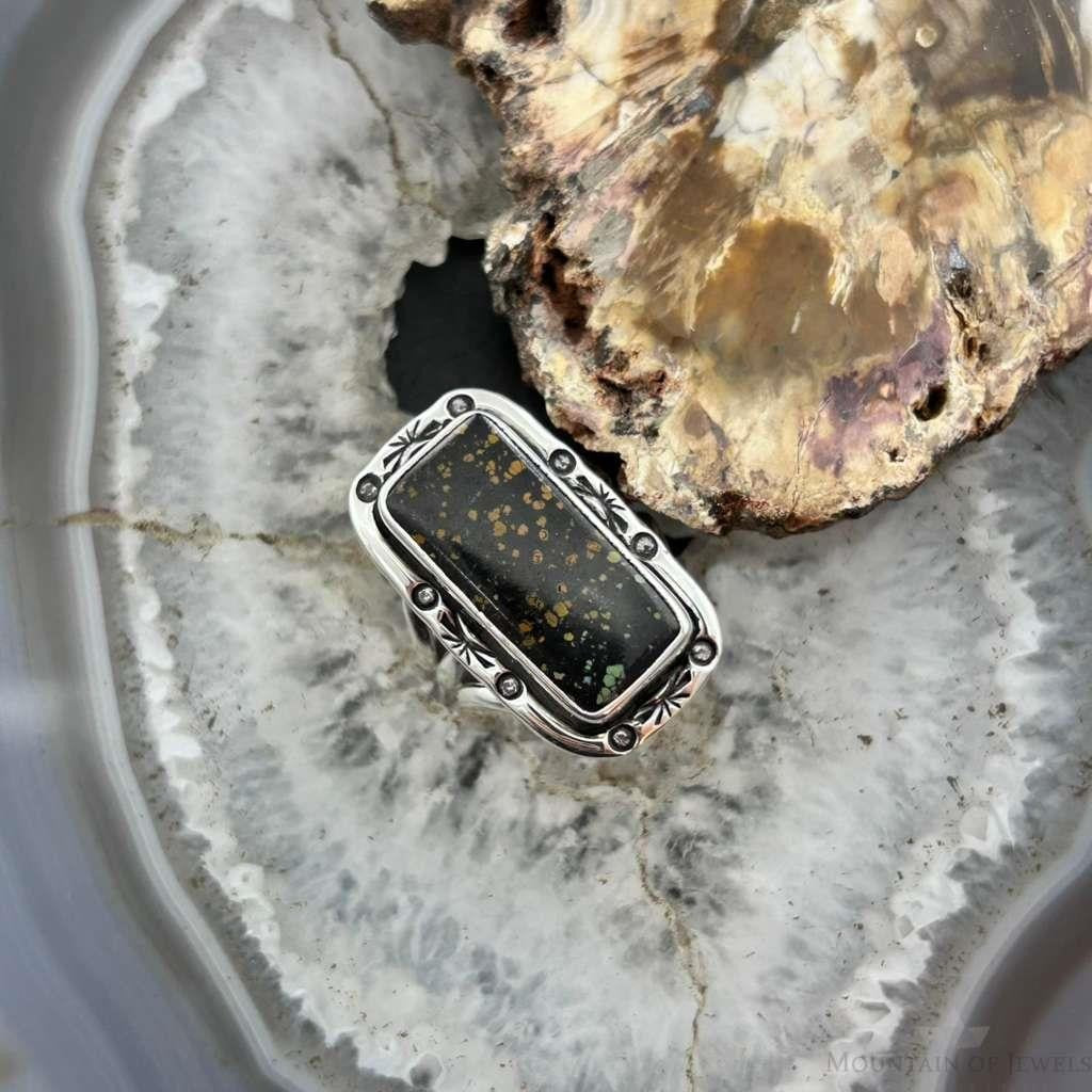 Native American Sterling Silver Rectangle Black Jack Bar Ring Size 7.5 For Women