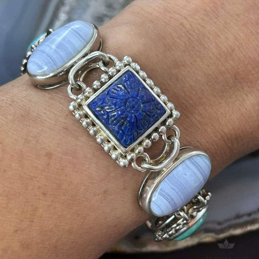 Sterling Silver Multi Shape and Stone Toggle Clasp Fashion Link Bracelet For Women