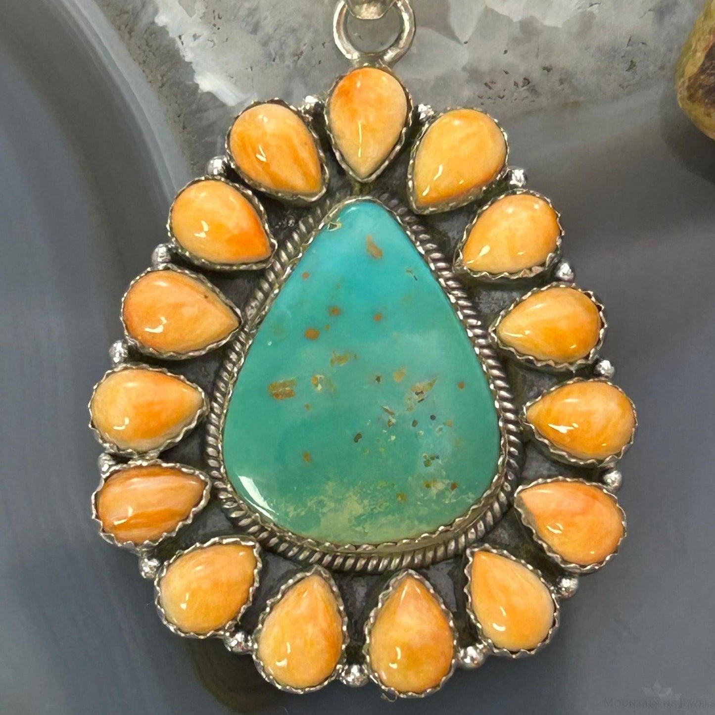 Sterling Silver Southwestern Emerald Valley Turquoise & Spiny Oyster Cluster Pendant For Women