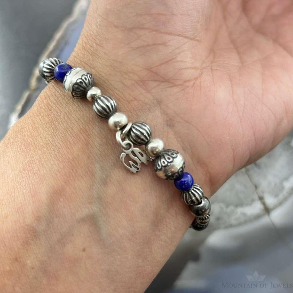 Carolyn Pollack Sterling Silver Navajo Pearl Style Bead & Lapis Bead Stretch Bracelet For Women