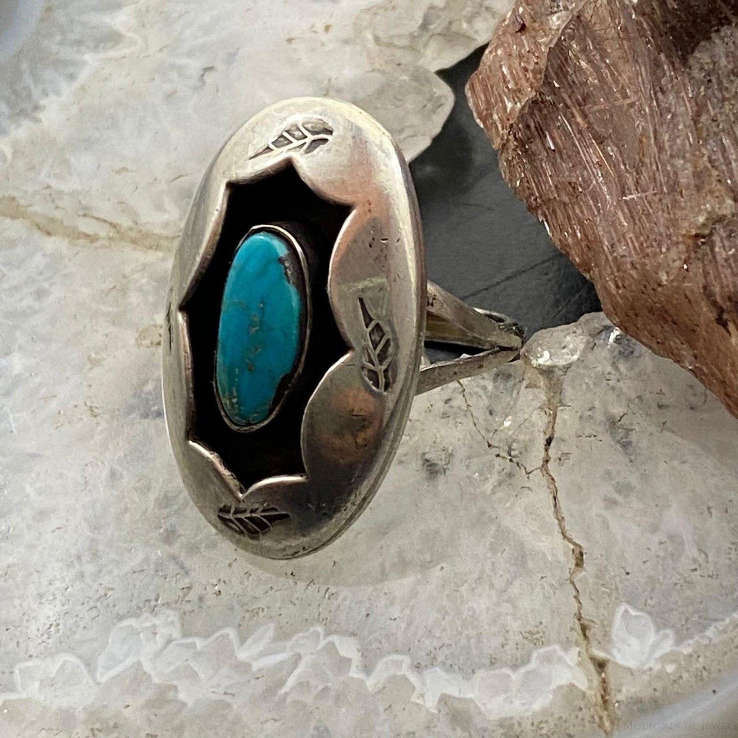 Vintage Native American Silver Shadow Box Turquoise Ring Size 6.25 For Women