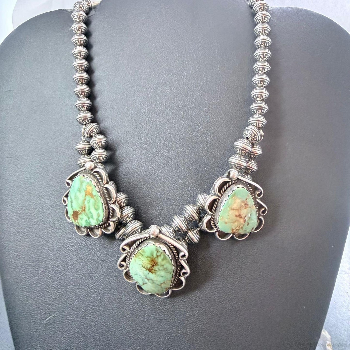 Native American Sterling Silver Royston Turquoise Decorated 14" Necklace For Women