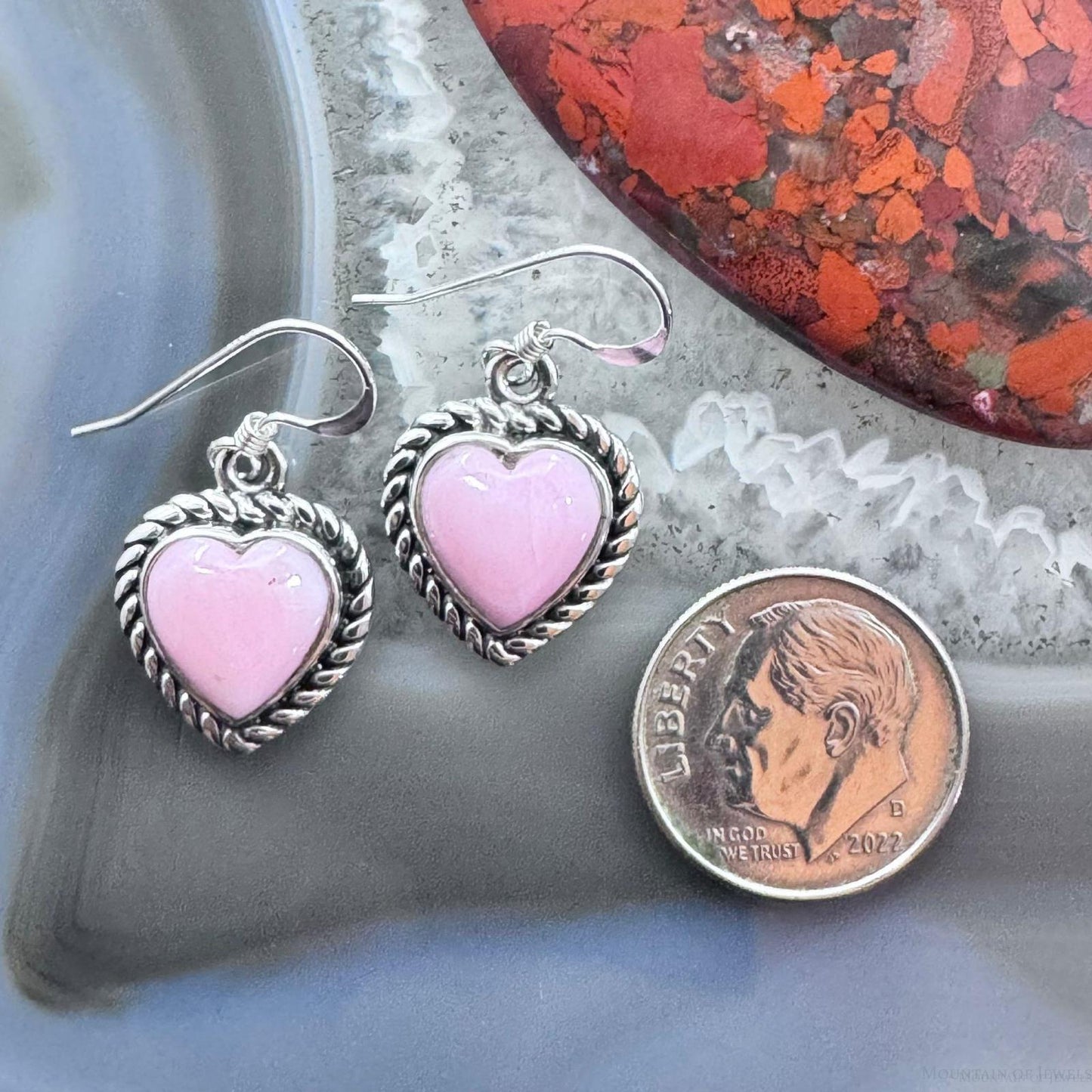 Native American Sterling Silver Heart Shape Pink Conch Dangle Earrings For Women