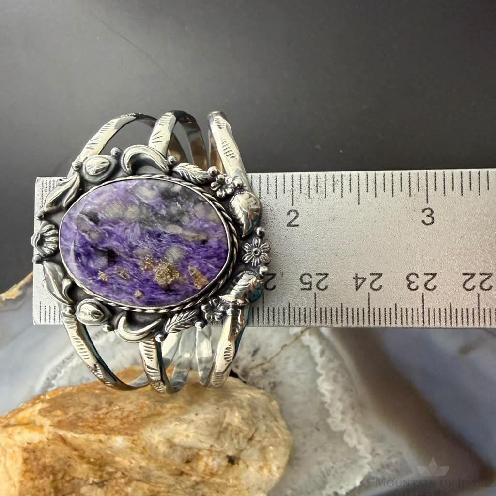 Sterling Silver Southwestern Style Oval Charoite Decorated Bracelet For Women