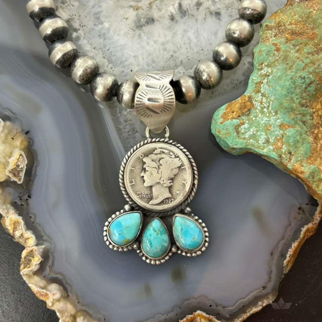 Genuine 1927 90% Silver Mercury Dime Coin w/Teardrop Turquoise Decorated Unisex Pendant