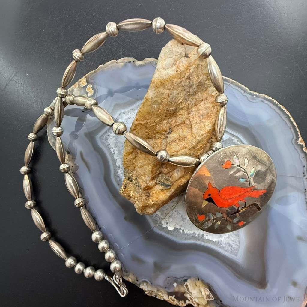 Vintage Native American Silver Zuni Pendant/Brooch Inlay Cardinal Bird Necklace For Women