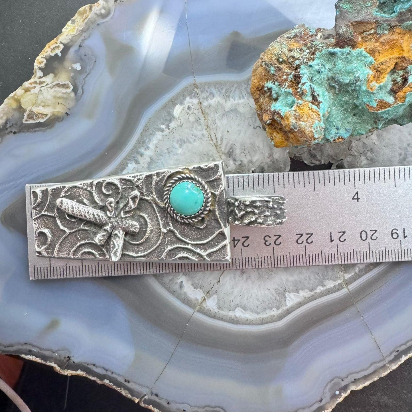 Cheyenne Custer Navajo Native American Sterling Silver & Turquoise Dragonfly Tufa Cast Unisex Pendant