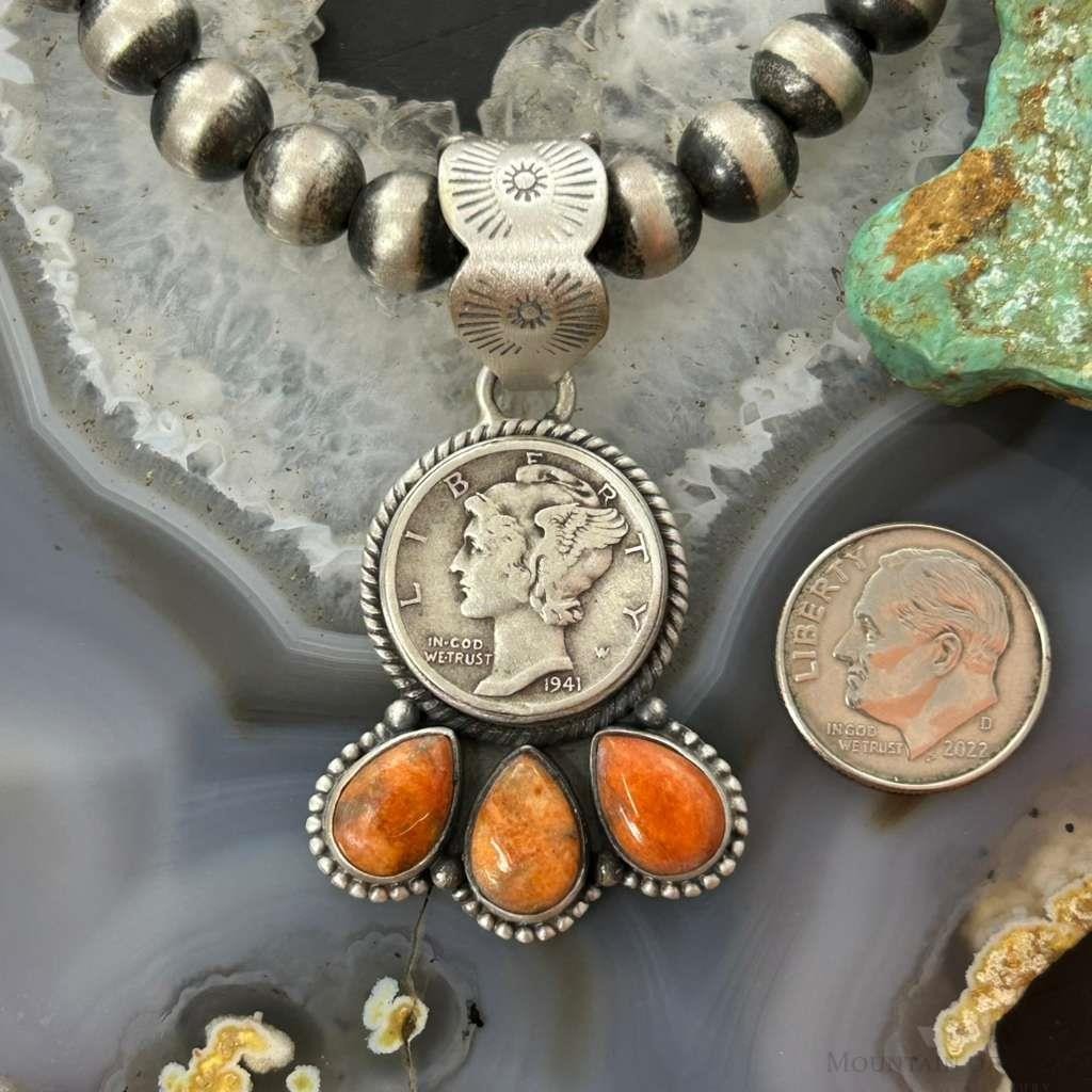 Genuine 1941 90% Silver Mercury Dime Coin w/Teardrop Orange Spiny Oyster Unisex Pendant