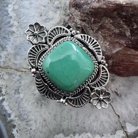 Sterling Silver Southwestern Style Square Green Turquoise Adjustable Decorated Ring For Women