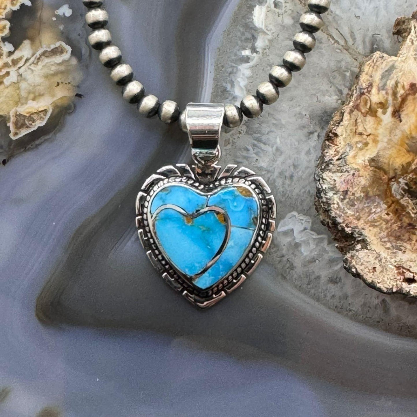 Native American Sterling Silver Blue Ridge Turquoise Double Heart Pendant For Women #4