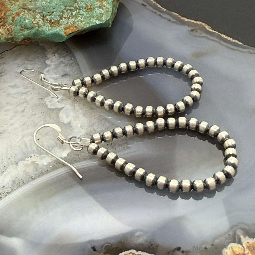 Sterling Silver Southwestern Style 3mm Navajo Pearl Bead Hoop Earrings For Women