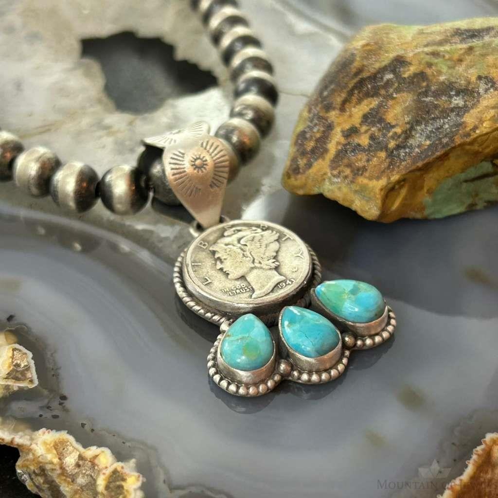 Genuine 1943 90% Silver Mercury Dime Coin w/Teardrop Turquoise Pendant #1