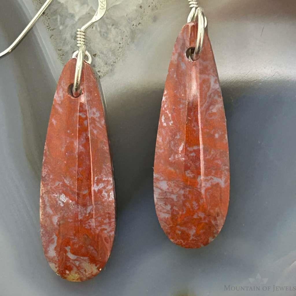 Sterling Silver Teardrop Plum Moss Agate Slab Dangle Earrings For Women #514