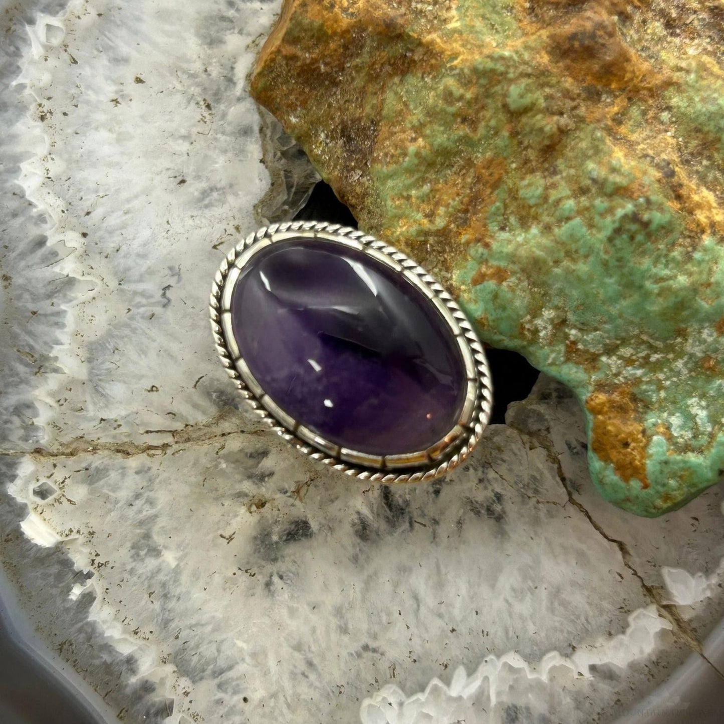 Sterling Silver Southwestern Style Oval Translucent Amethyst Ring Size 7.5 For Women
