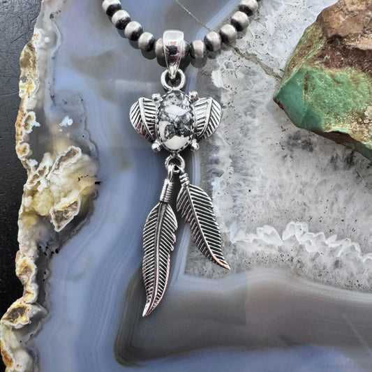 Sterling Silver Southwestern Style White Buffalo Feathers w/Leaves Pendant For Women