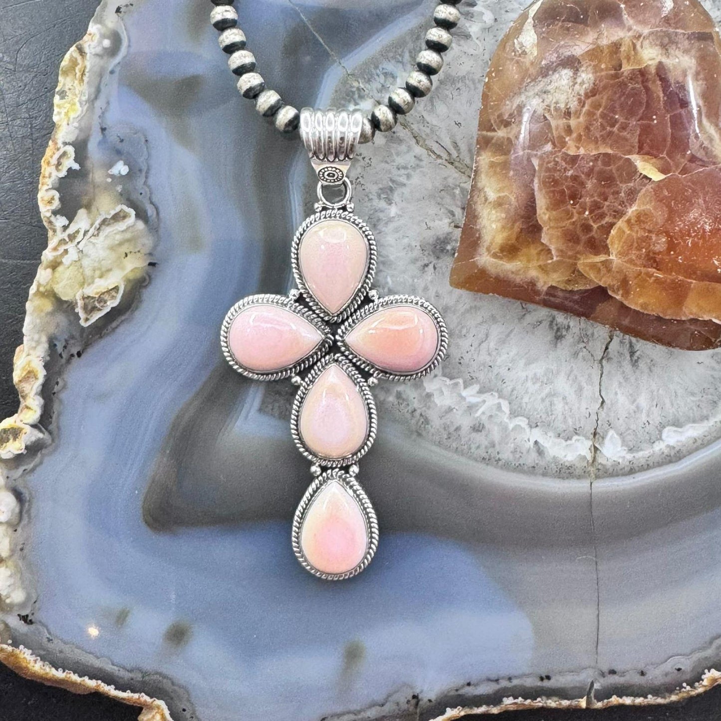 Native American Sterling Silver 5 Teardrop Pink Conch Cross Pendant For Women