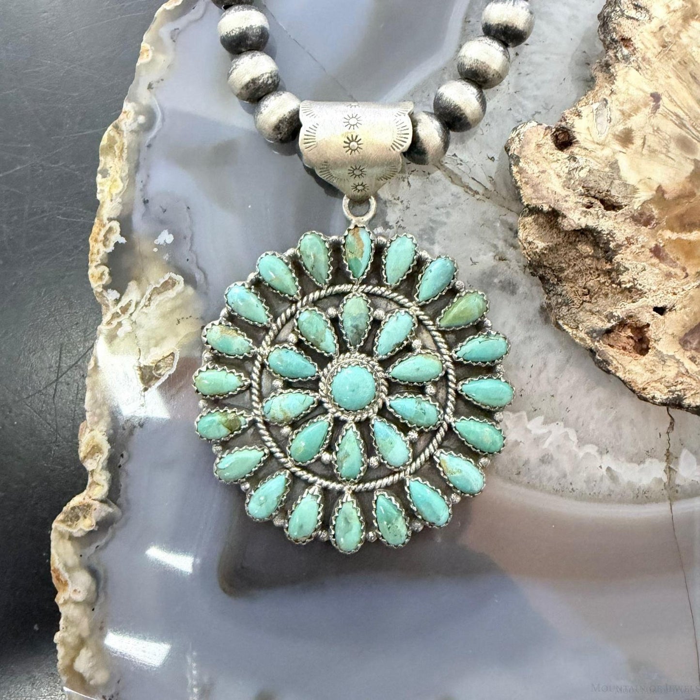 Sterling Silver Southwestern Style Teardrop Mohave Turquoise Round Cluster Pendant