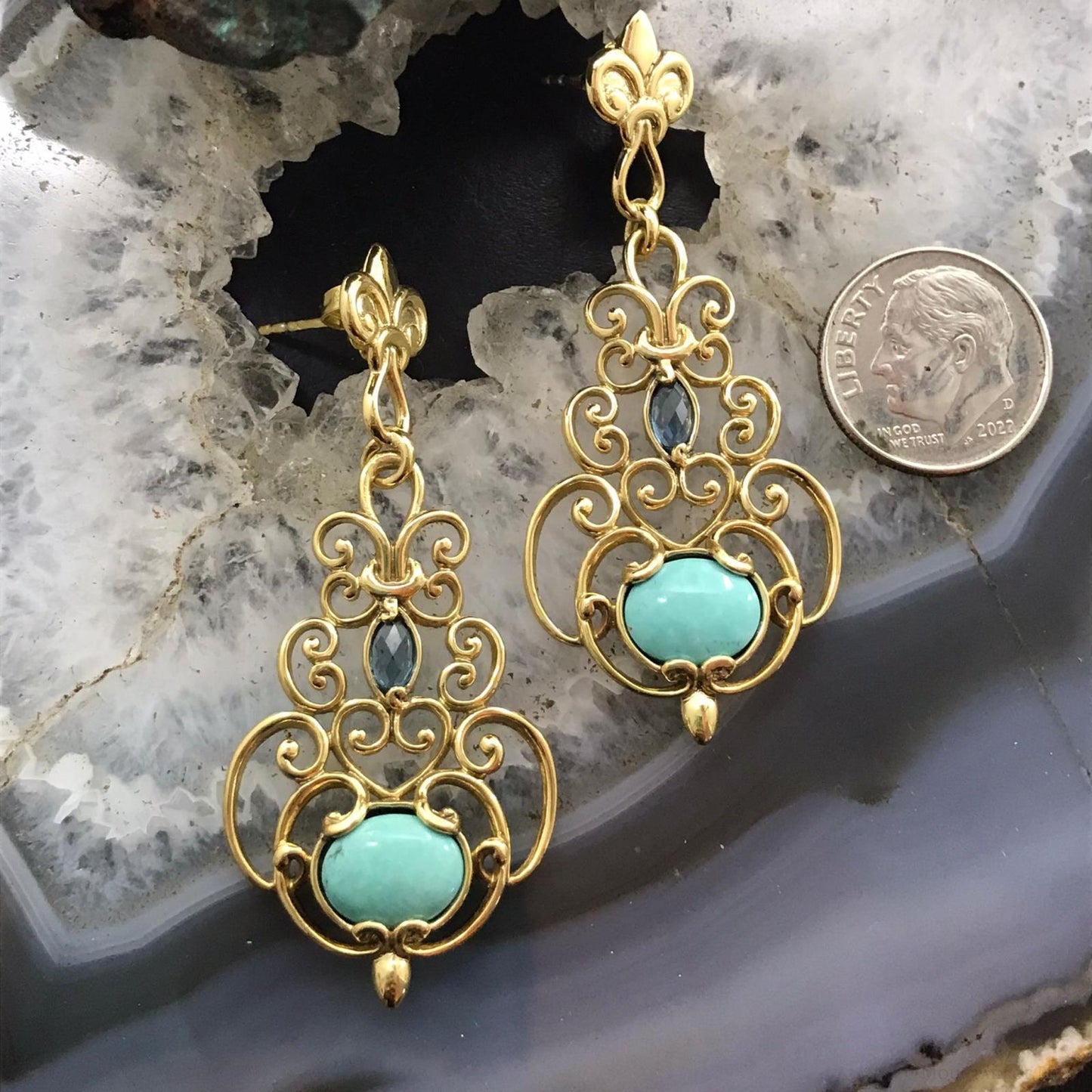 Carolyn Pollack Brass London Blue Topaz & Turquoise Dangle Earrings For Women