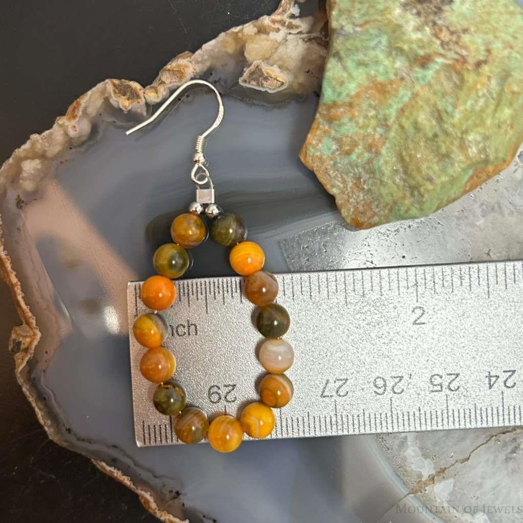 Sterling Silver Rounded Yellow Jasper Beads Hoop Dangle Earrings For Women