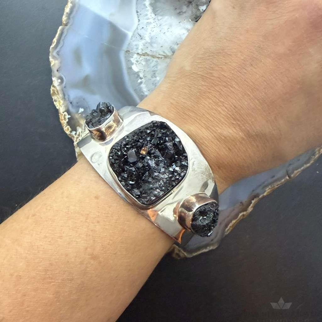 Vintage Lapidaria Barrera Mexico Silver 950 Black Druzy Quartz Cuff For Women