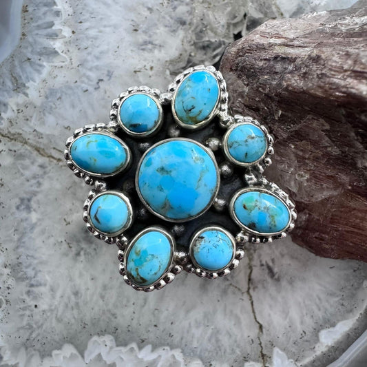 Sterling Silver Southwestern Style Composite Turquoise Cluster Adjustable Ring For Women