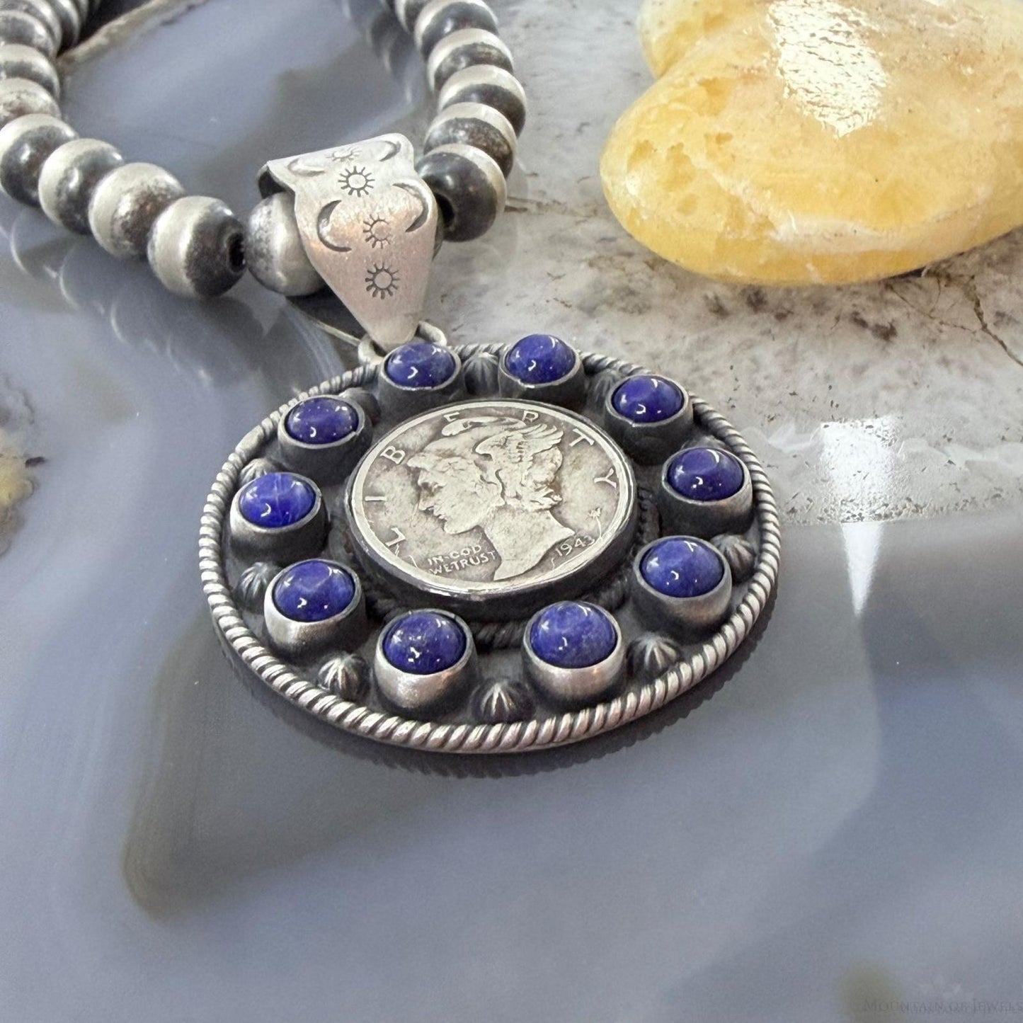 Genuine 1943 90% Silver Mercury Dime Coin w/Lapis Decorated Unisex Pendant