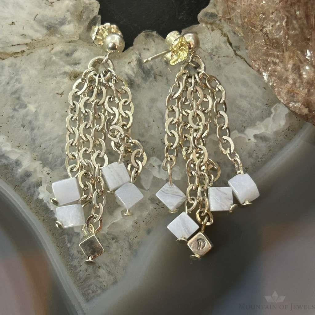 Carolyn Pollack Sterling Silver Tiny Blue Lace Agate Cube Bead Chandelier Earrings For Women