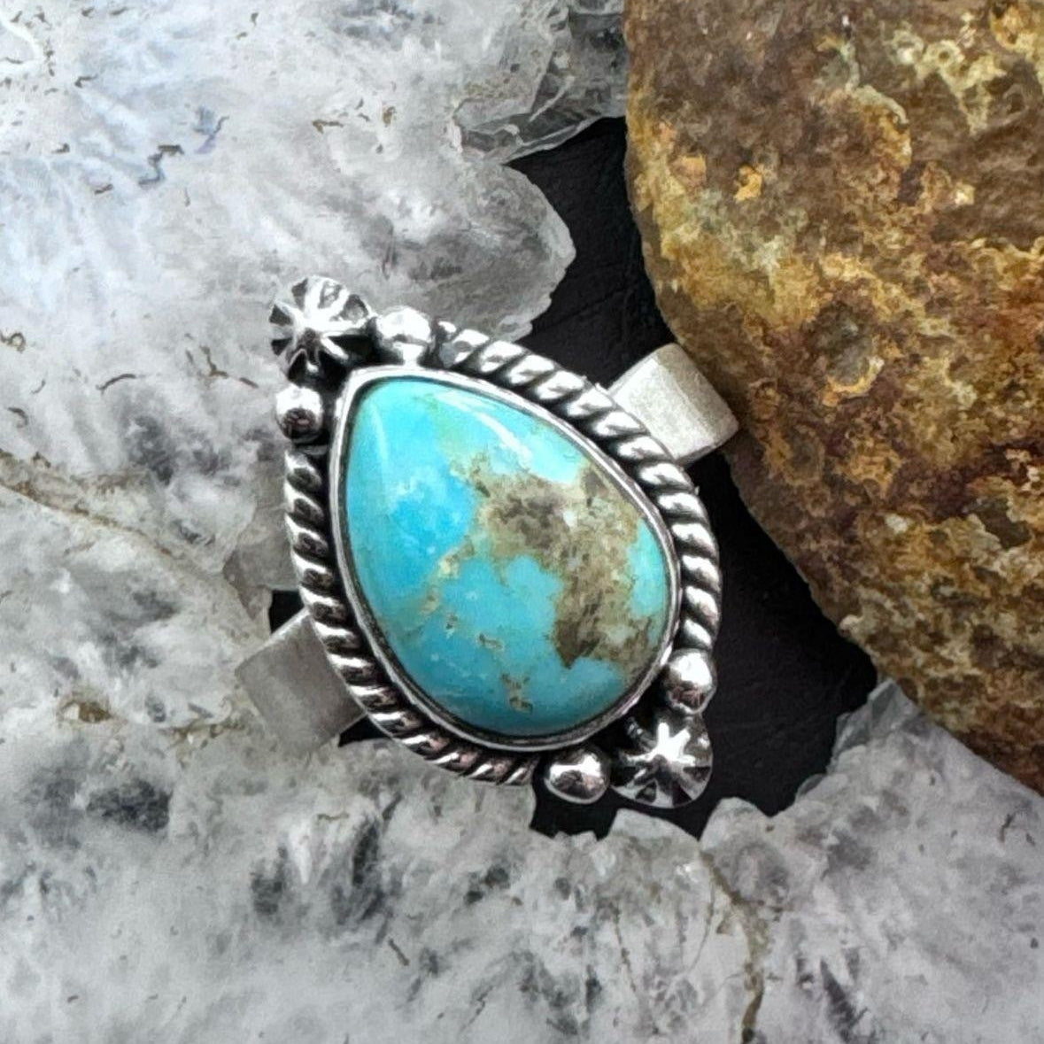 Sterling Silver Southwestern Style Teardrop Turquoise Adjustable Ring For Women