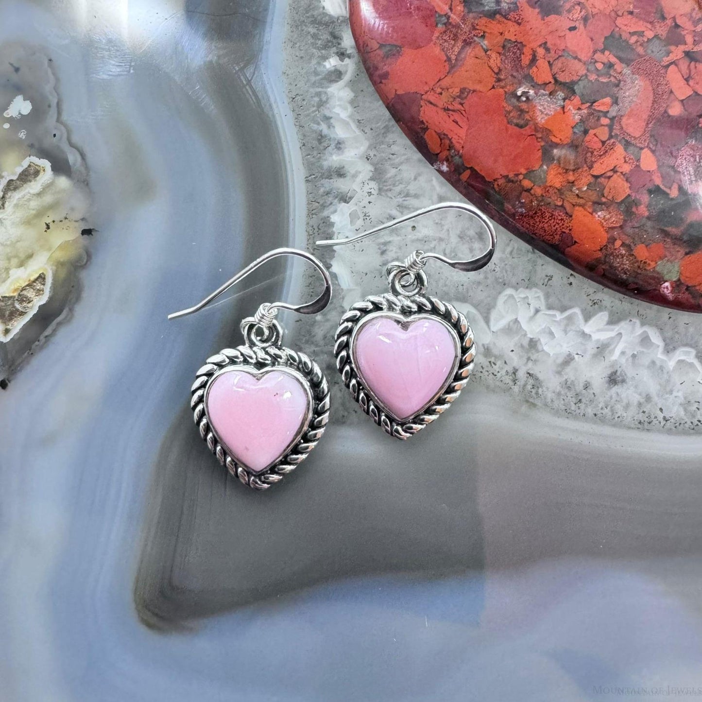 Native American Sterling Silver Heart Shape Pink Conch Dangle Earrings For Women