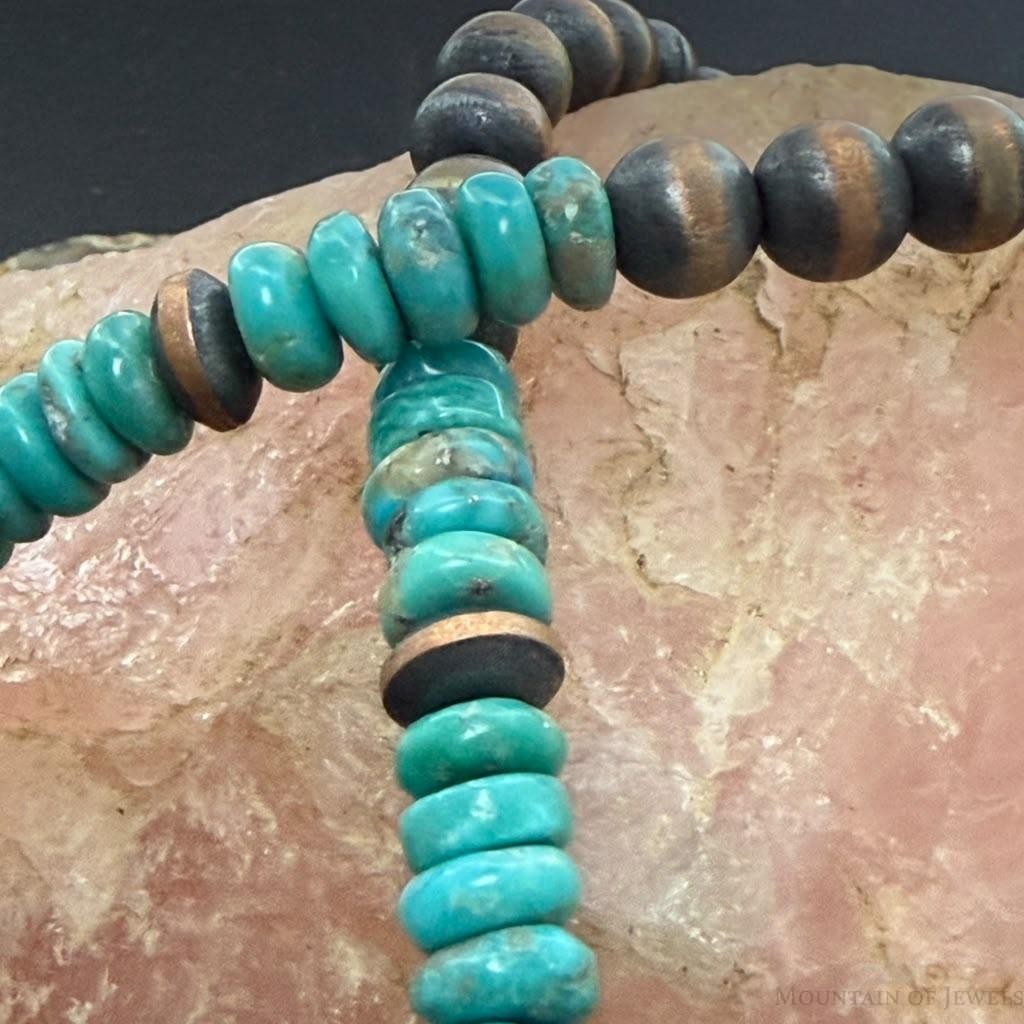 Southwestern Style 8mm Copper Navajo Pearl Saucer, Round & Turquoise Necklace For Women