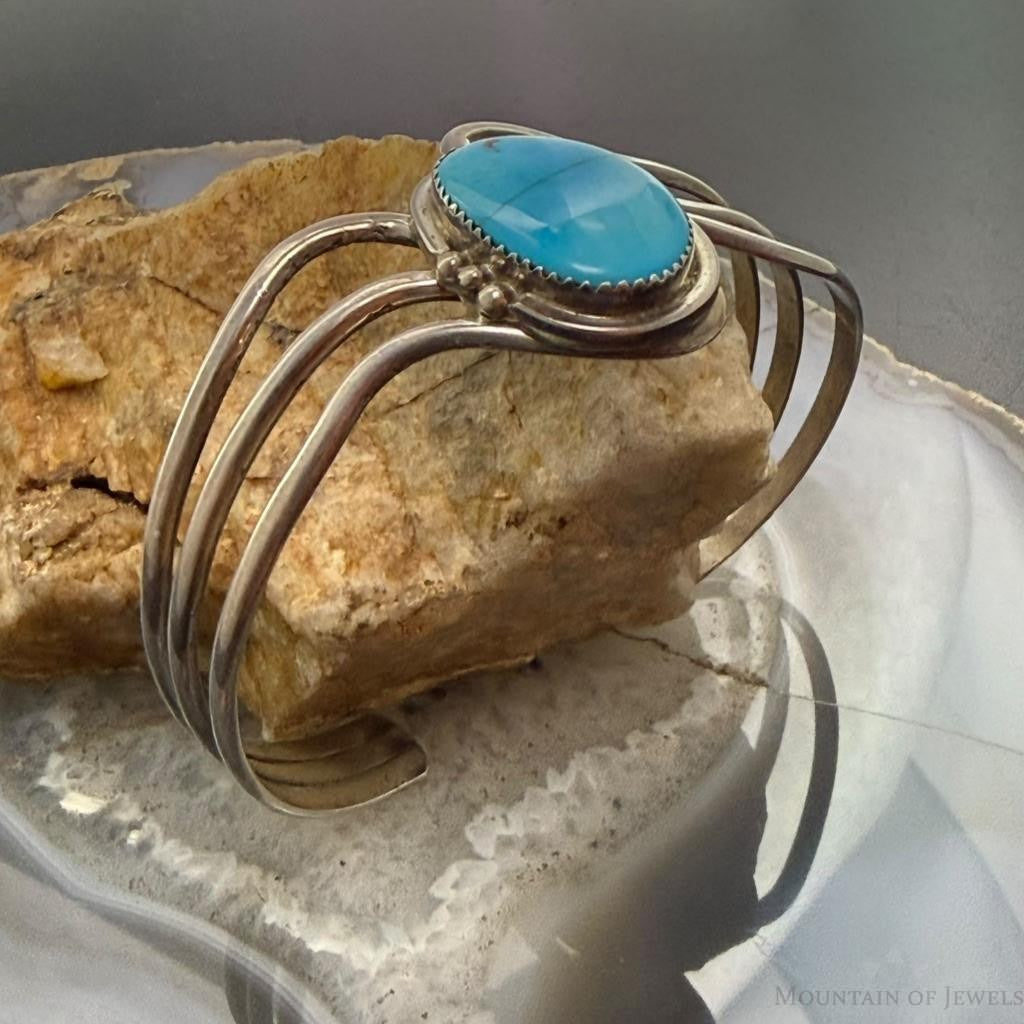 Vintage Native American Sterling Silver Turquoise 3 Banded Bracelet For Women