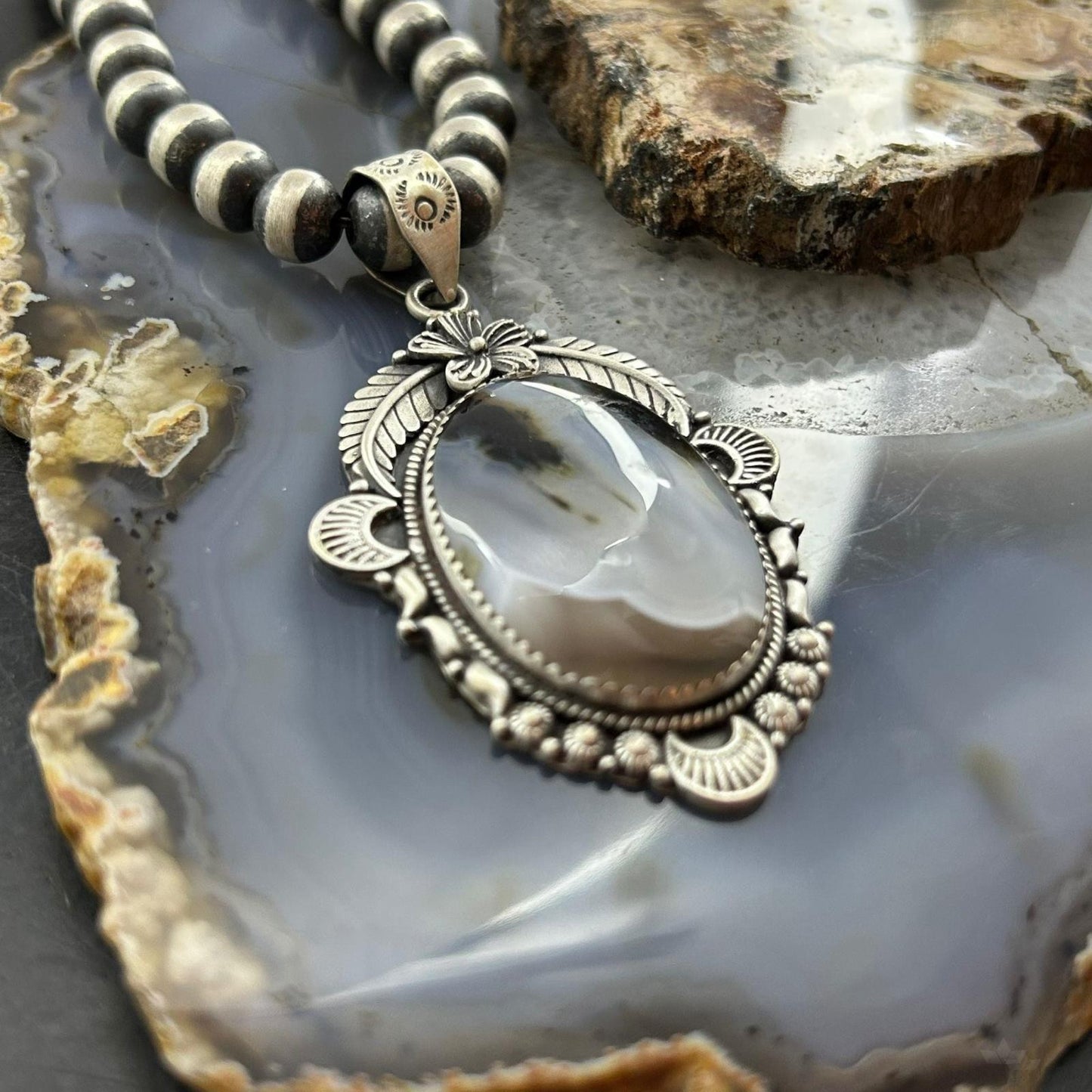 Sterling Silver Southwestern Style Oval Moss Agate Tube Decorated Pendant For Women