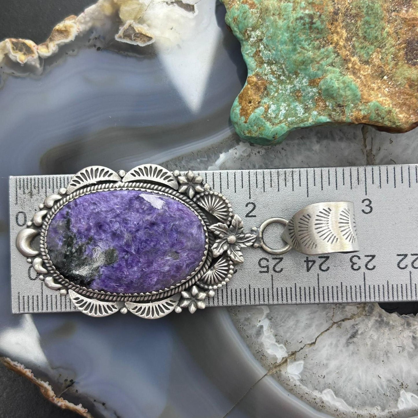 Sterling Silver Southwestern Style Oval Charoite Decorated Pendant For Women