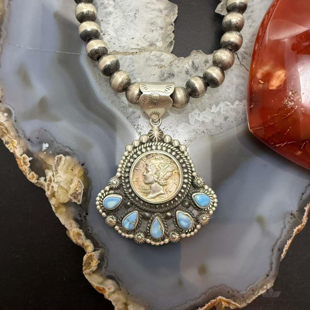 Sterling Silver Southwestern Style 1941 Mercury Dime & Golden Hill Turquoise Pendant