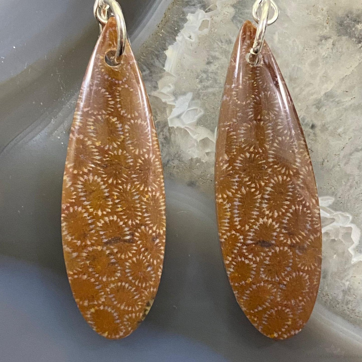 Sterling Silver Teardrop Fossilized Coral Slab Dangle Earrings For Women #052