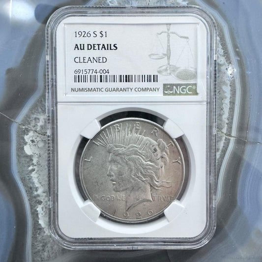 1926 US 90% Peace Silver Dollar NGC AU DETAILS Cleaned #6915774-004DE