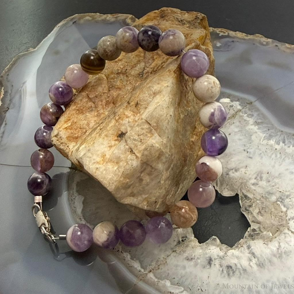 Sterling Silver 8mm Round Amethyst Beads 7" Bracelet For Women