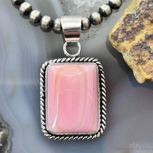 Native American Sterling Silver Rectangle Pink Conch Decorated Pendant For Women #1