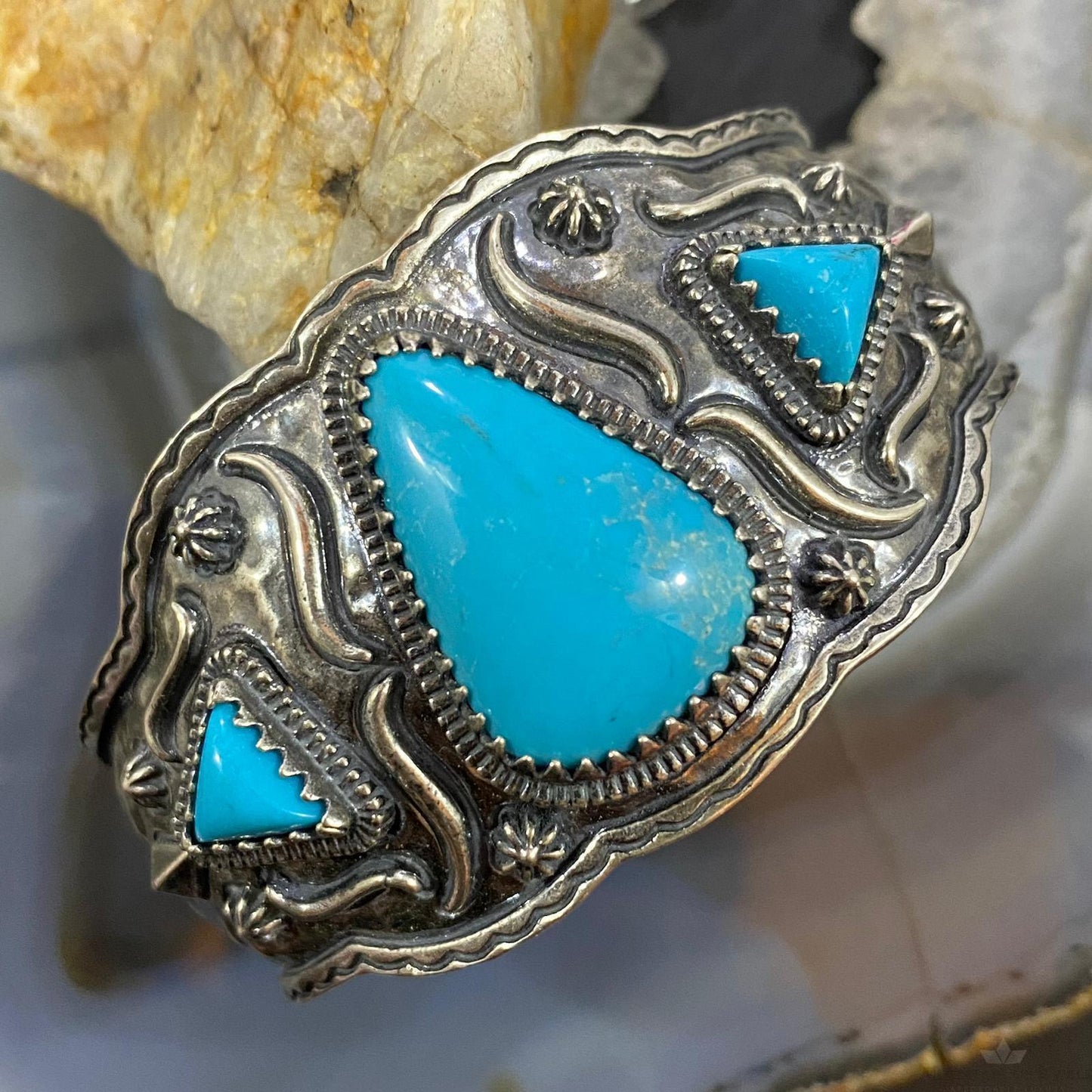 Carolyn Pollack Sterling Silver 3 Turquoise Decorated Heavy Bracelet For Women