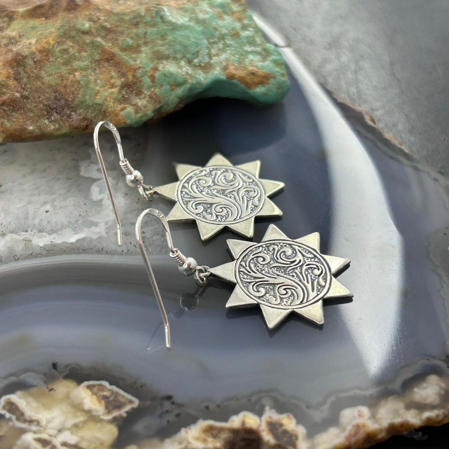 Carolyn Pollack Southwestern Style Sterling Silver Sun w/Swirl Engraved Dangle Earrings
