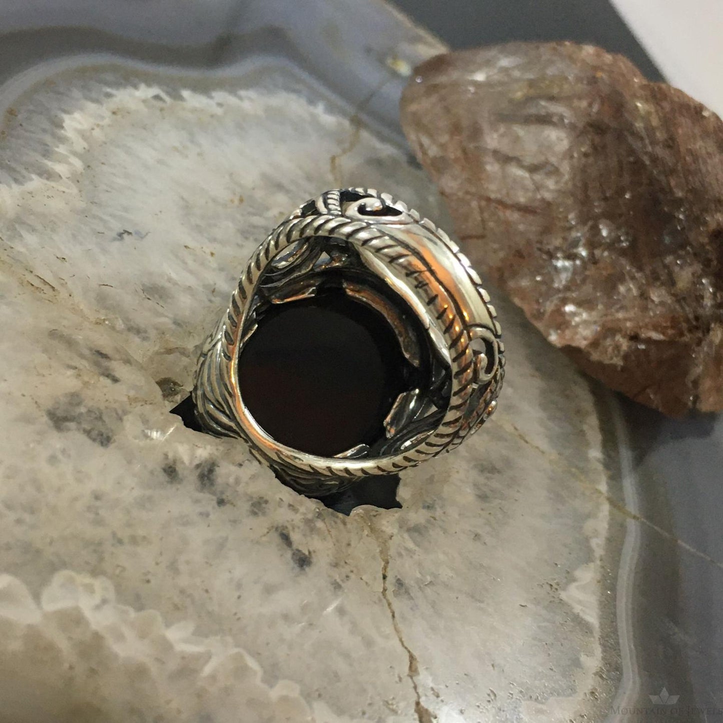 Carolyn Pollack Sterling Silver Oval Carved Black Onyx Decorated Unisex Ring