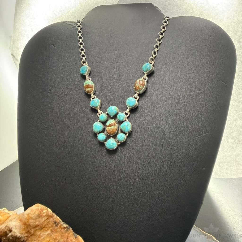 Sterling Silver Southwestern Style Turquoise Cluster 20" Necklace For Women