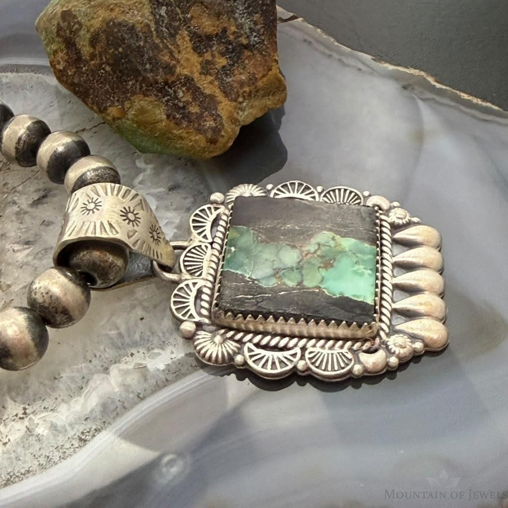 Sterling Silver Southwestern Style Rectangle Blackjack Turquoise Decorated Pendant #1